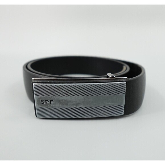 SPF Springfield Leather Belt Mens 34 Black Silver Buckle Engraved Logo Spain - Picture 1 of 13